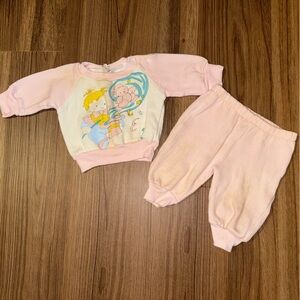 Vintage Pink and White Baby Sweatsuit with Cartoon Print